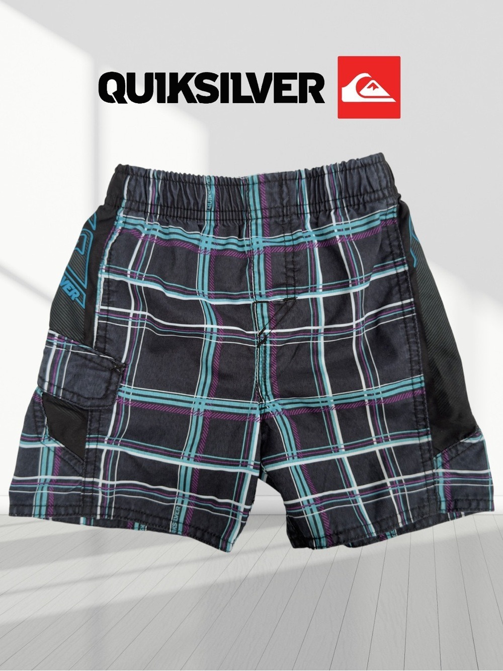Quiksilver Boys' Black Plaid Swim Shorts - Teal & Purple